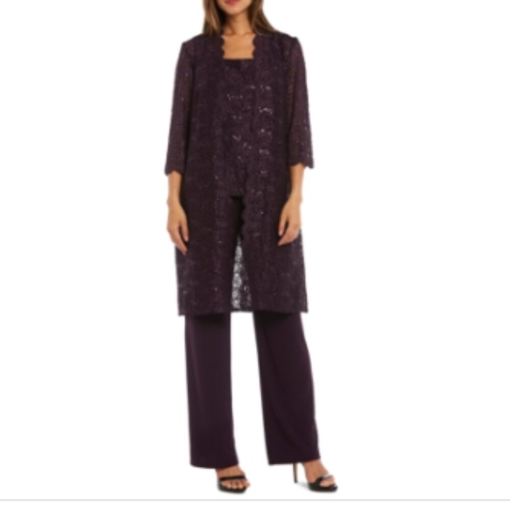 R & M Richards Petite 3-Pc. Sequined-Lace Jacket, Top & Pants - Plum Purple/blue